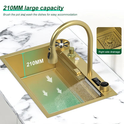 Waterfall Kitchen Sink Gold Stainless Steel Sink Multifuctional Sink Waterfall Faucet kitchen Accessories For Kitchen Decoration