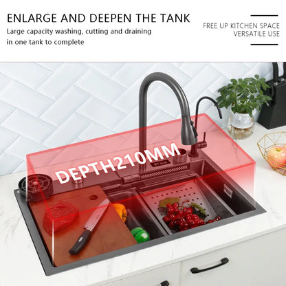 Waterfall Sink Kitchen 304 Stainless Steel Sink Large Single Slot With Multifunction Touch Waterfall Faucet Above Counter