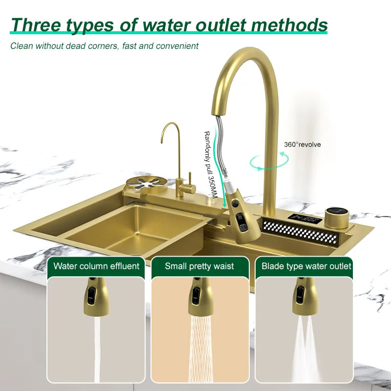 Waterfall Kitchen Sink Gold Stainless Steel Sink Multifuctional Sink Waterfall Faucet kitchen Accessories For Kitchen Decoration