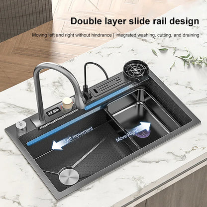 New Waterfall Sink Stainless Steel Kitchen Sink Large Single Sink Household Washbasin Embossed honeycomb multifunctional sink