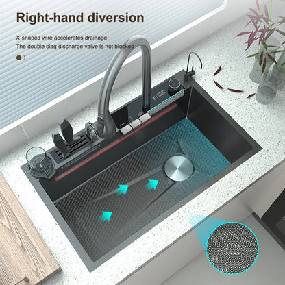 Stainless Steel Waterfall Kitchen Sink Digital Display Embossed Large Single-Slot Multifunctional Washbasin Utensils for Kitchen