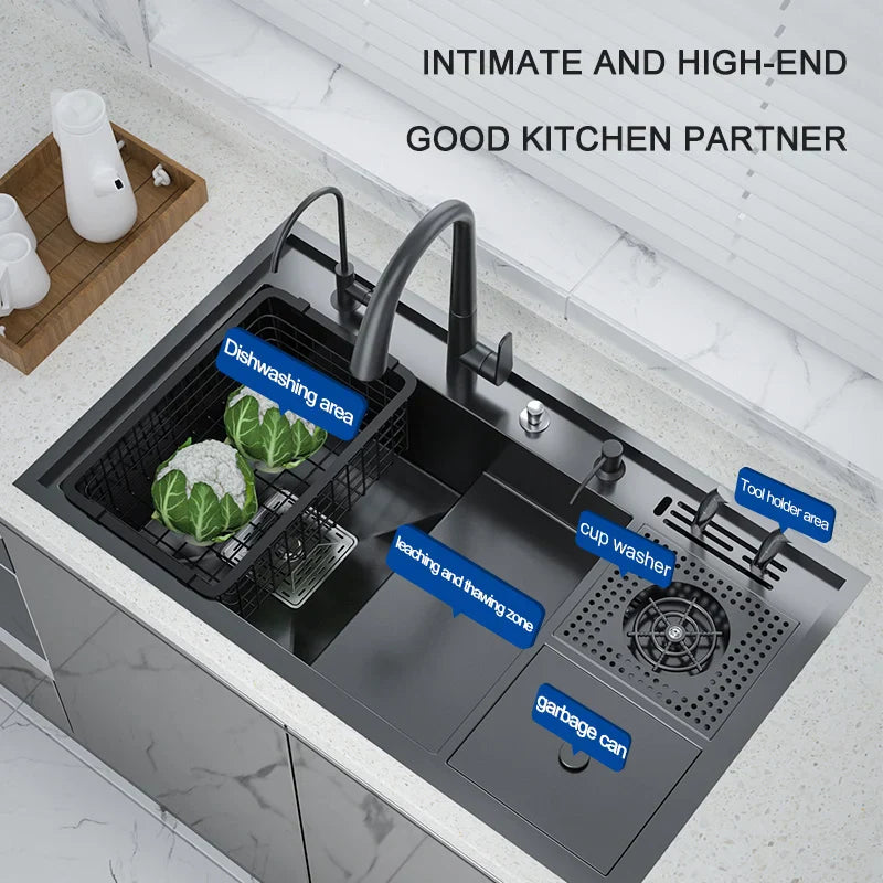 Nano Cup Washer Sink Large Single-slot Kitchen Manual Ladder Wash Basin Multi-functional High And Low Trash Can With Knife Holde