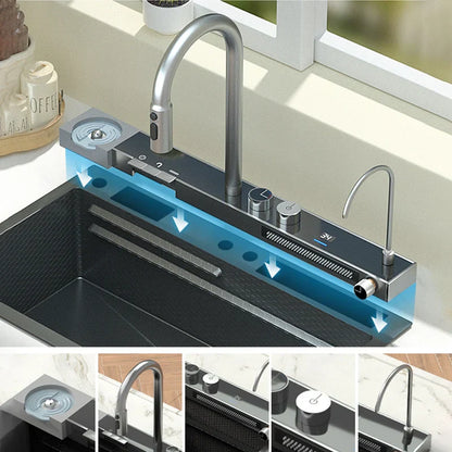 Waterfall Sink Basin Large Single Slot Digital Display 304 Stainless Steel Sink With Waterfall Faucet For Kitchen Renovation